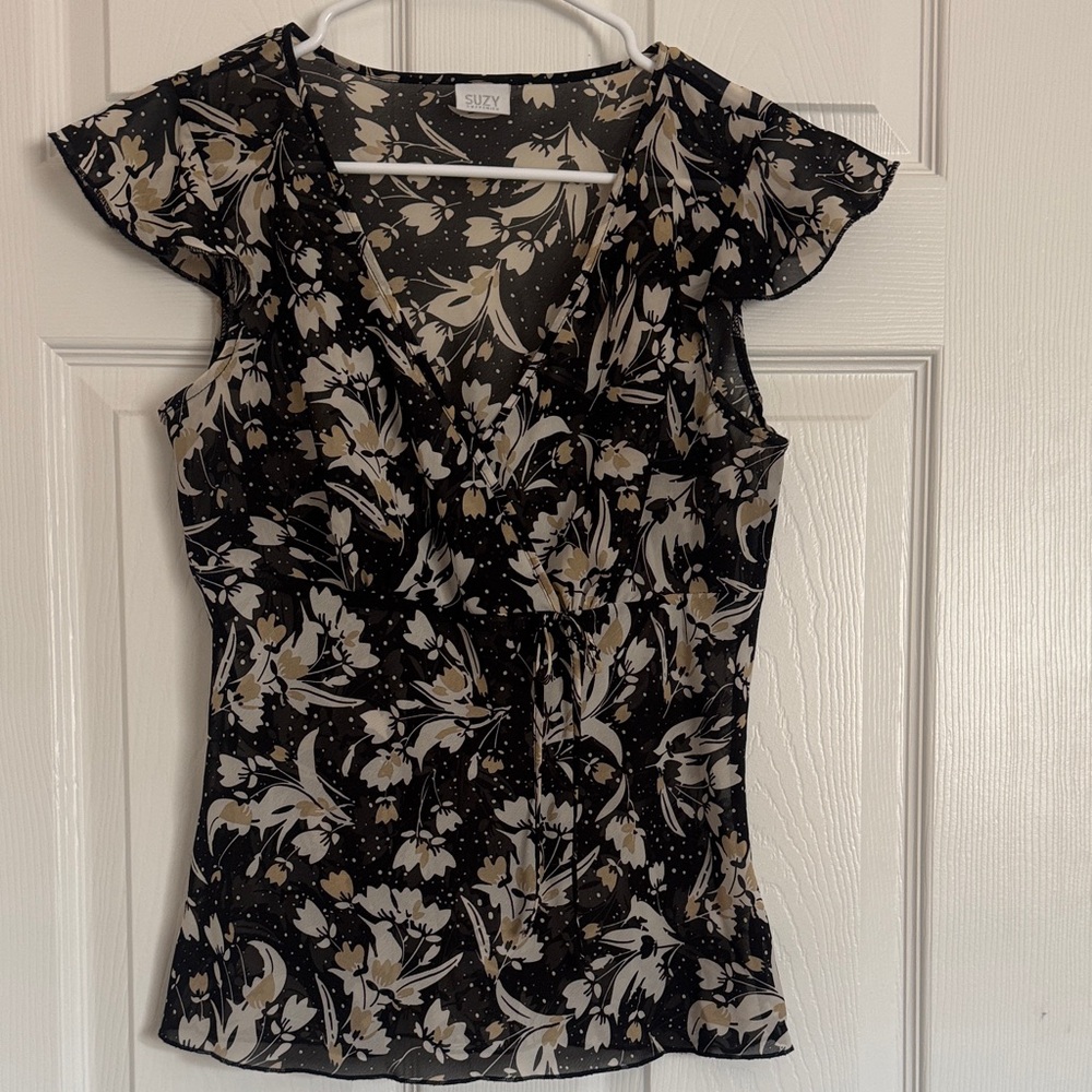 Black Floral V-Neck Flutter Sleeve Top